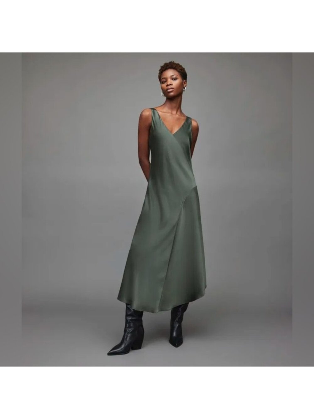 ALL SAINTS satin V neck green slip sleeveless maxi dress xs Euc